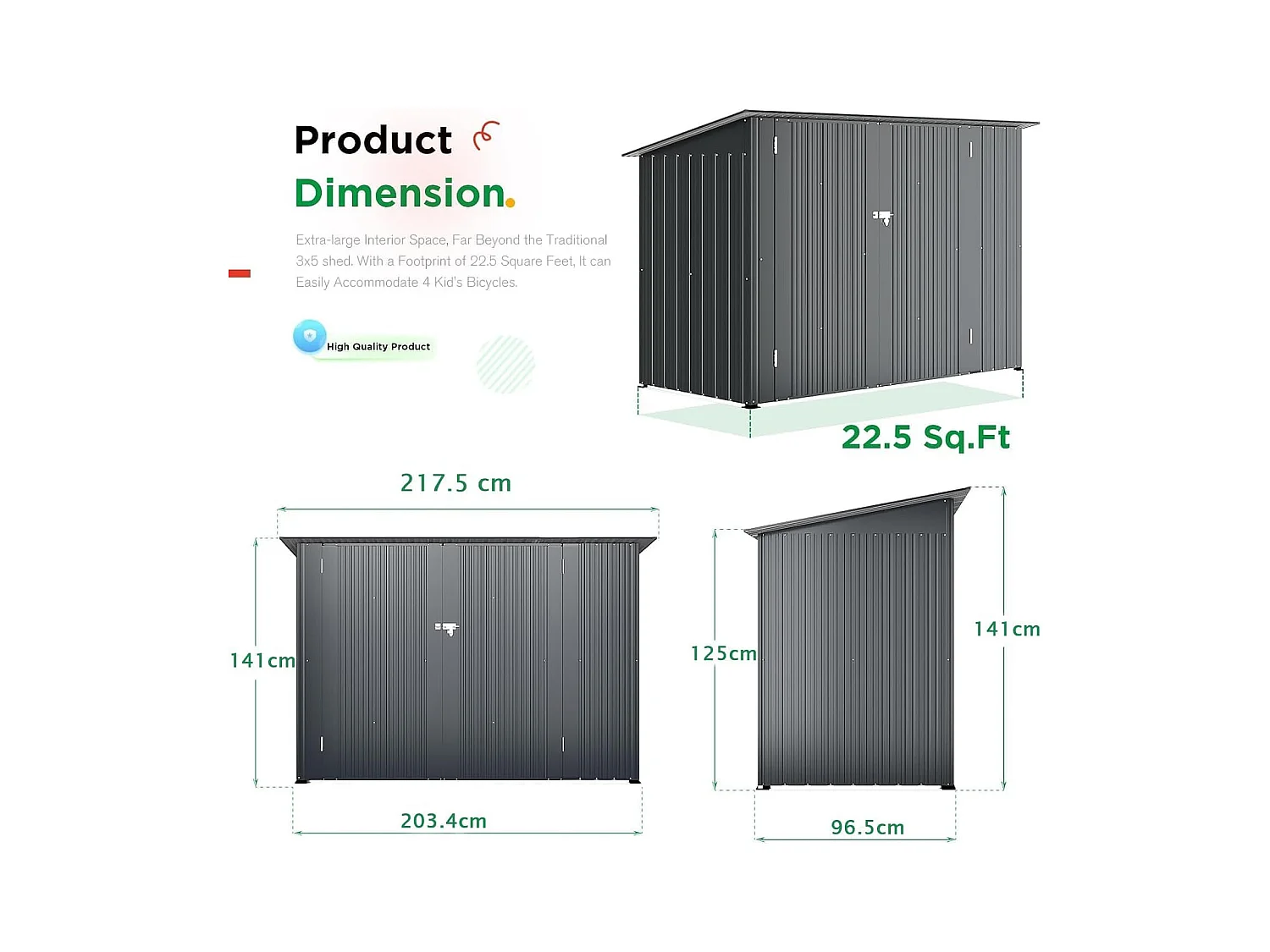 YODOLLA Abri de Jardin en Métal avec 2 Portes pour Vélo - 203 x 97 x 142 CM - Gris