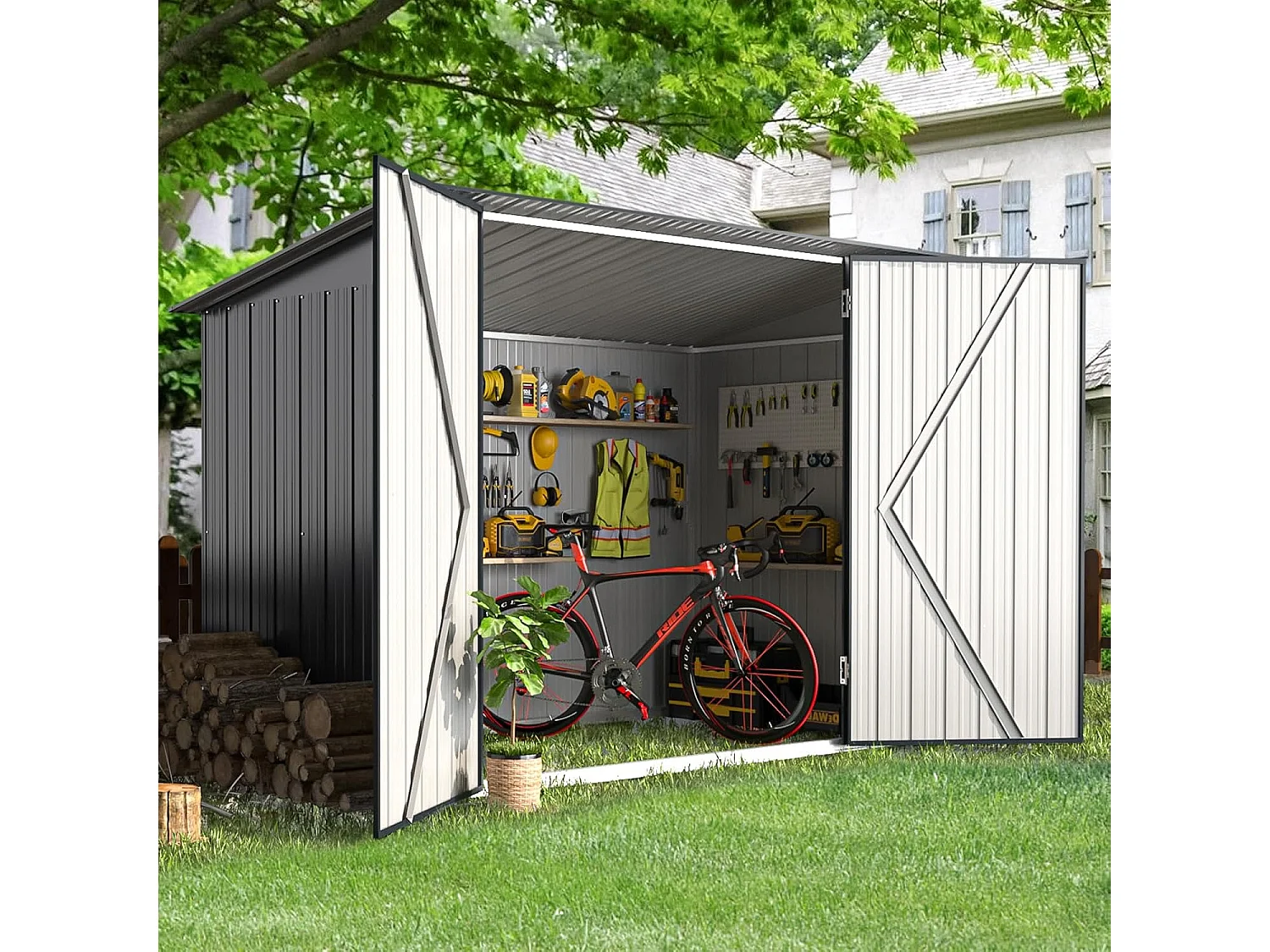 YODOLLA Abri de Jardin en Métal avec 2 Portes pour Vélo - 203 x 97 x 142 CM - Gris