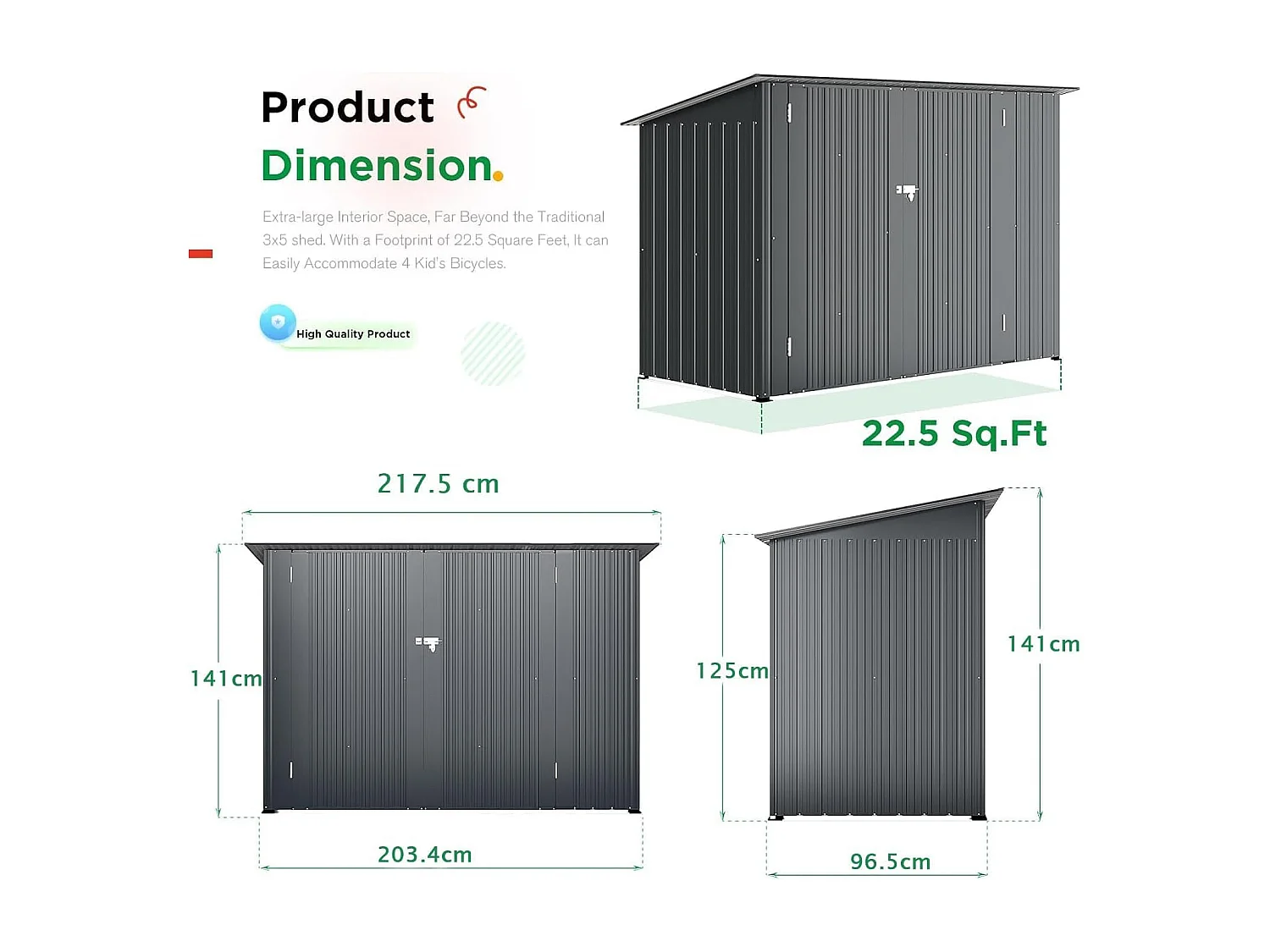 YODOLLA Abri de Jardin en Métal avec 2 Portes pour Vélo - 203 x 97 x 142 CM - Gris