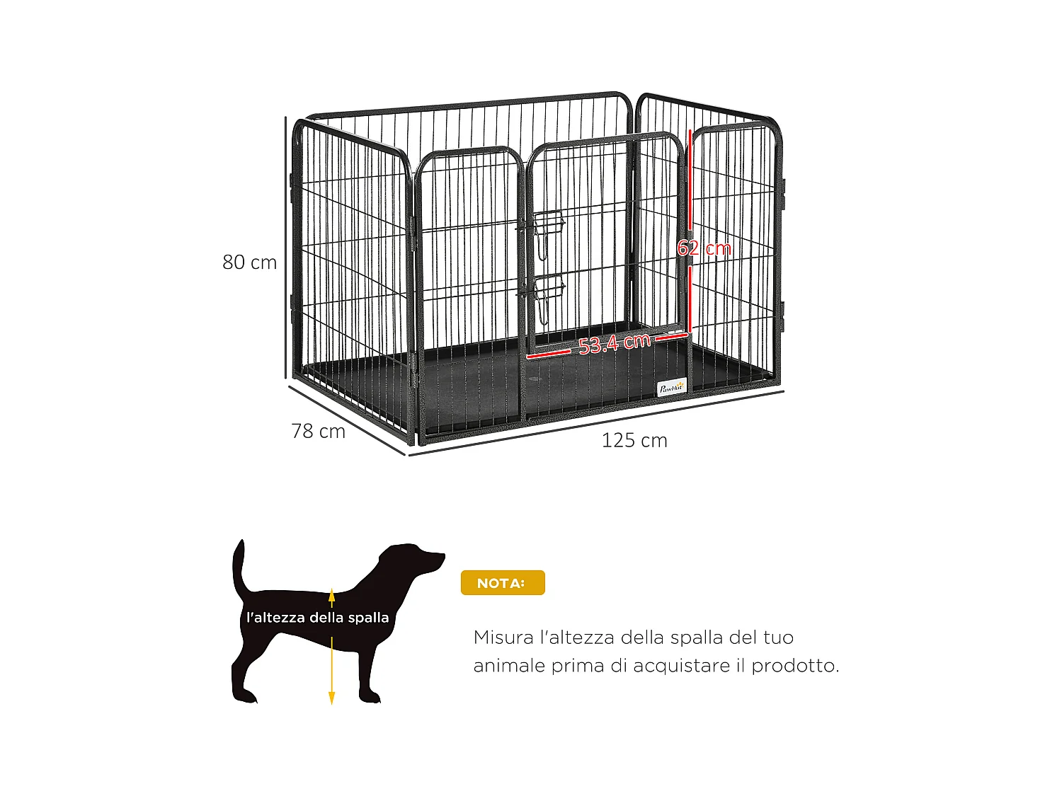 Box per cani in metallo con porta e vassoio sul fondo 125x78x80cm grigio