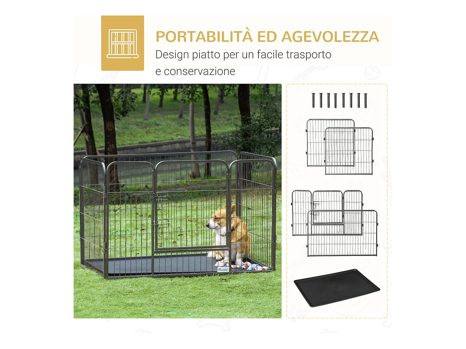 Box per cani in metallo con porta e vassoio sul fondo 125x78x80cm grigio