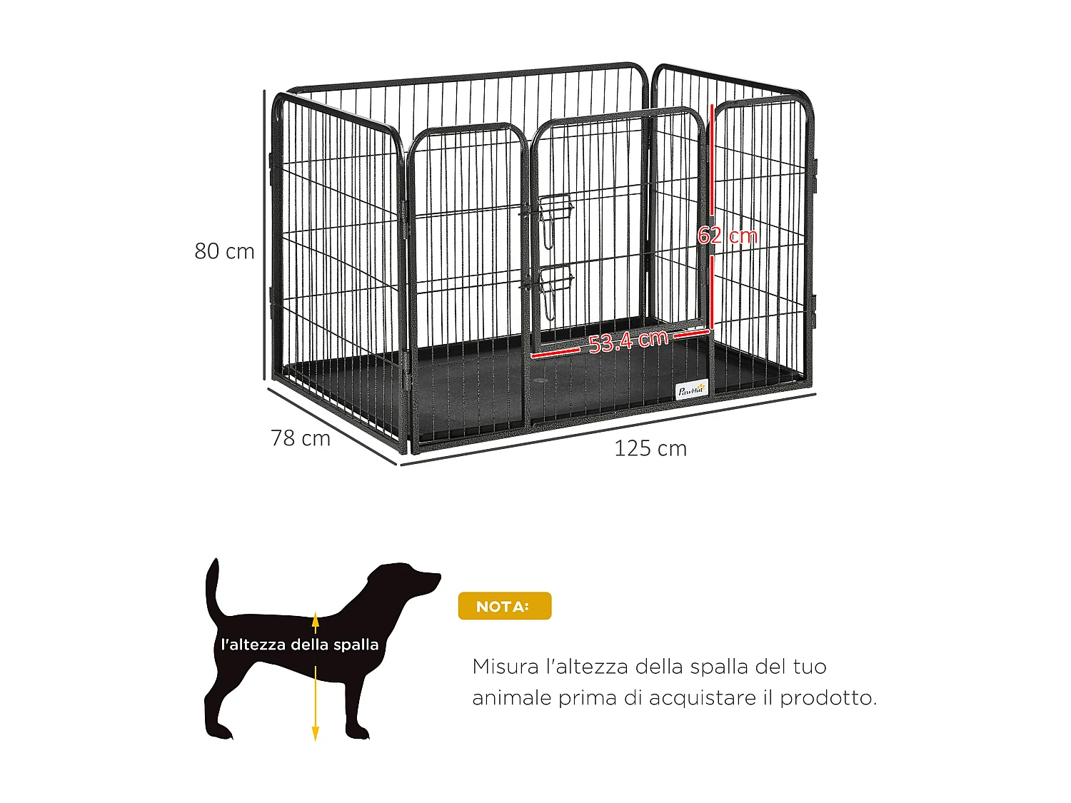 Box per cani in metallo con porta e vassoio sul fondo 125x78x80cm grigio