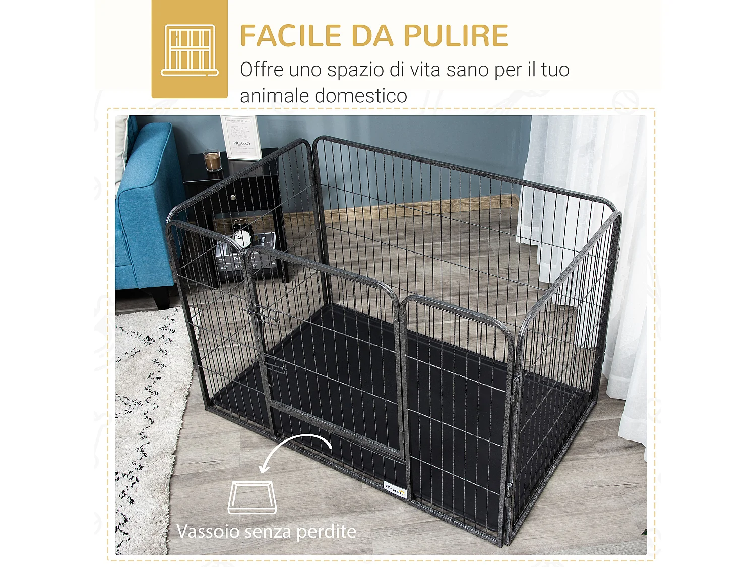 Box per cani in metallo con porta e vassoio sul fondo 125x78x80cm grigio