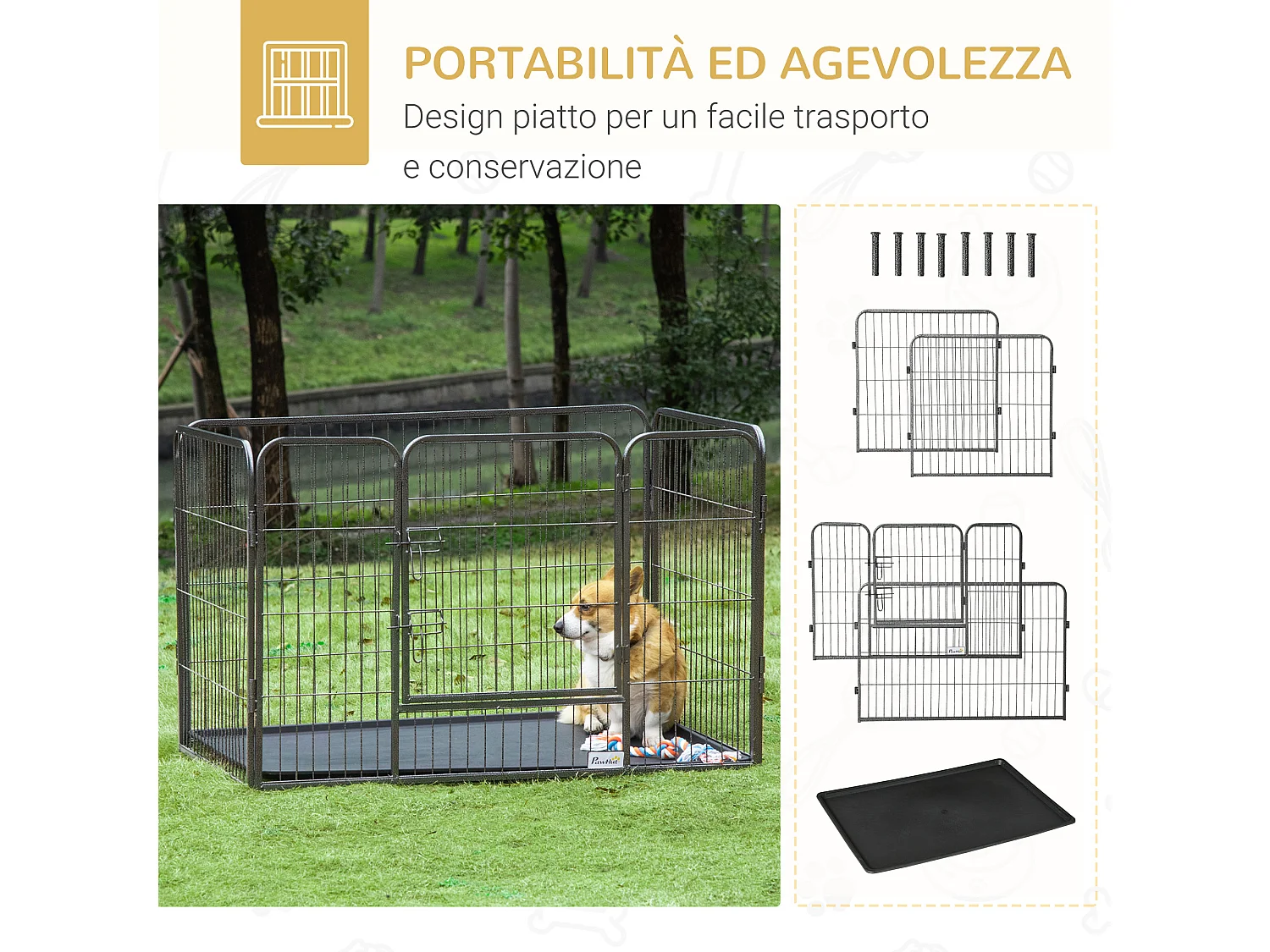 Box per cani in metallo con porta e vassoio sul fondo 125x78x80cm grigio