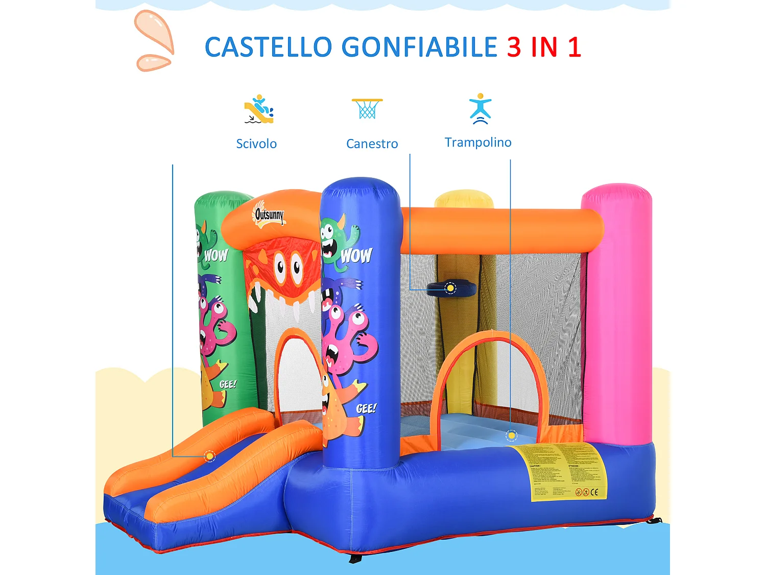 Gioco gonfiabile gigante per bambini con scivolo e canestro