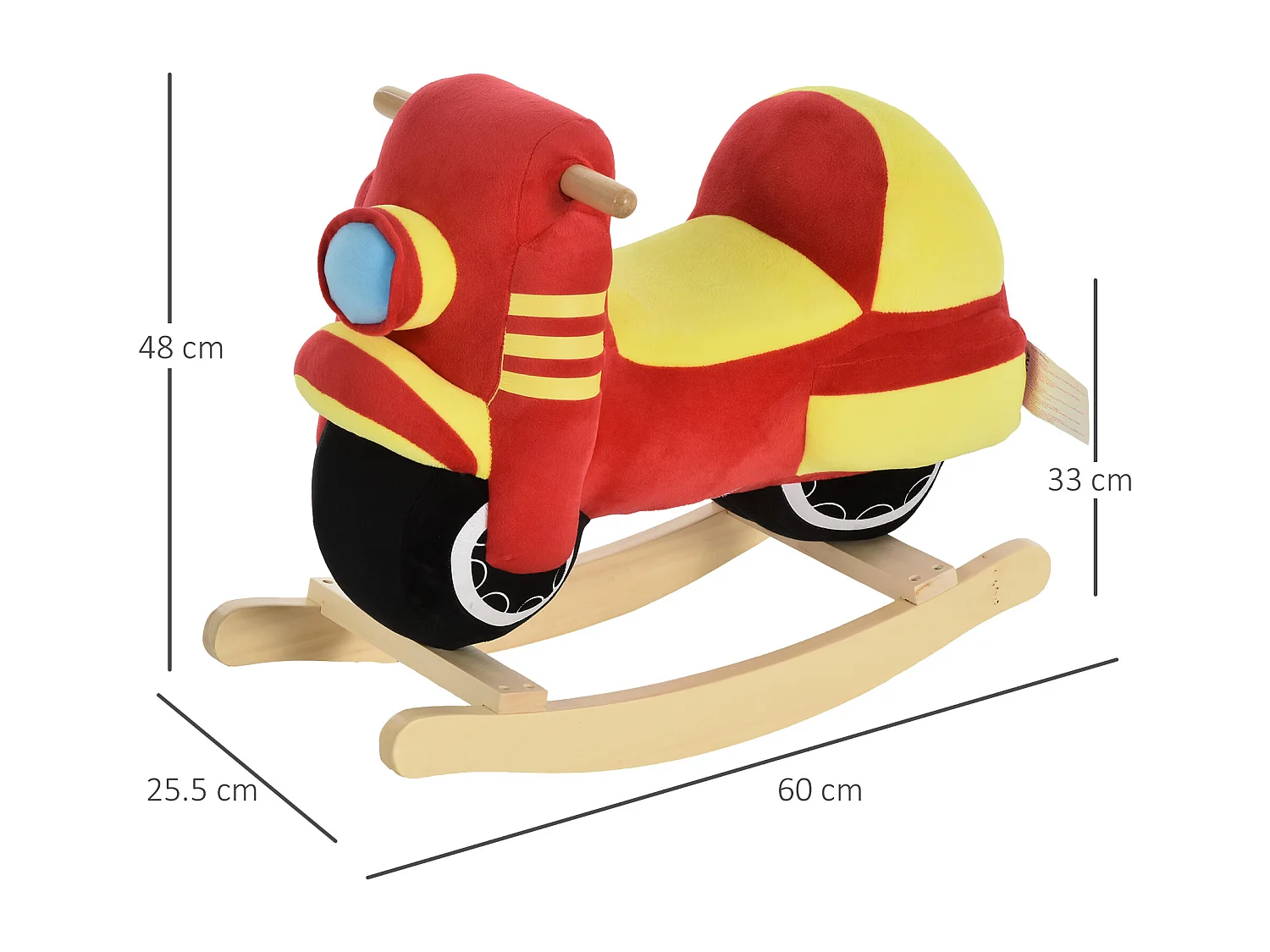 Dondolo per bambini suoni realistici in legno e peluche rosso e giallo