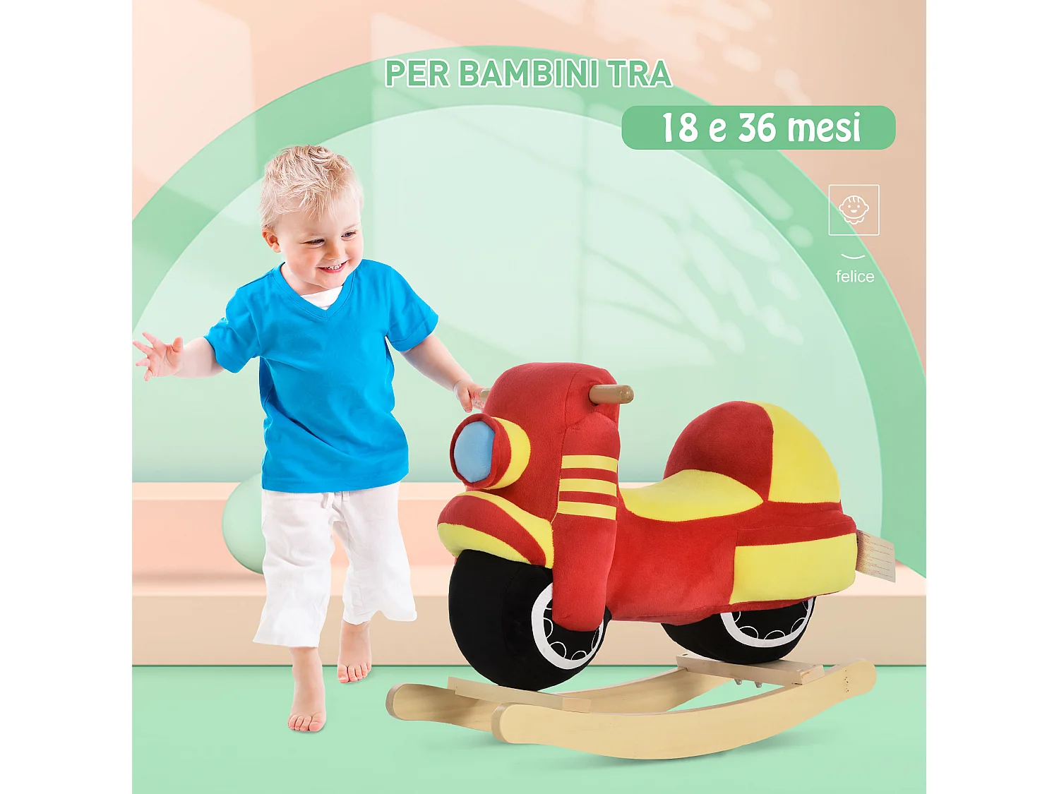 Dondolo per bambini suoni realistici in legno e peluche rosso e giallo