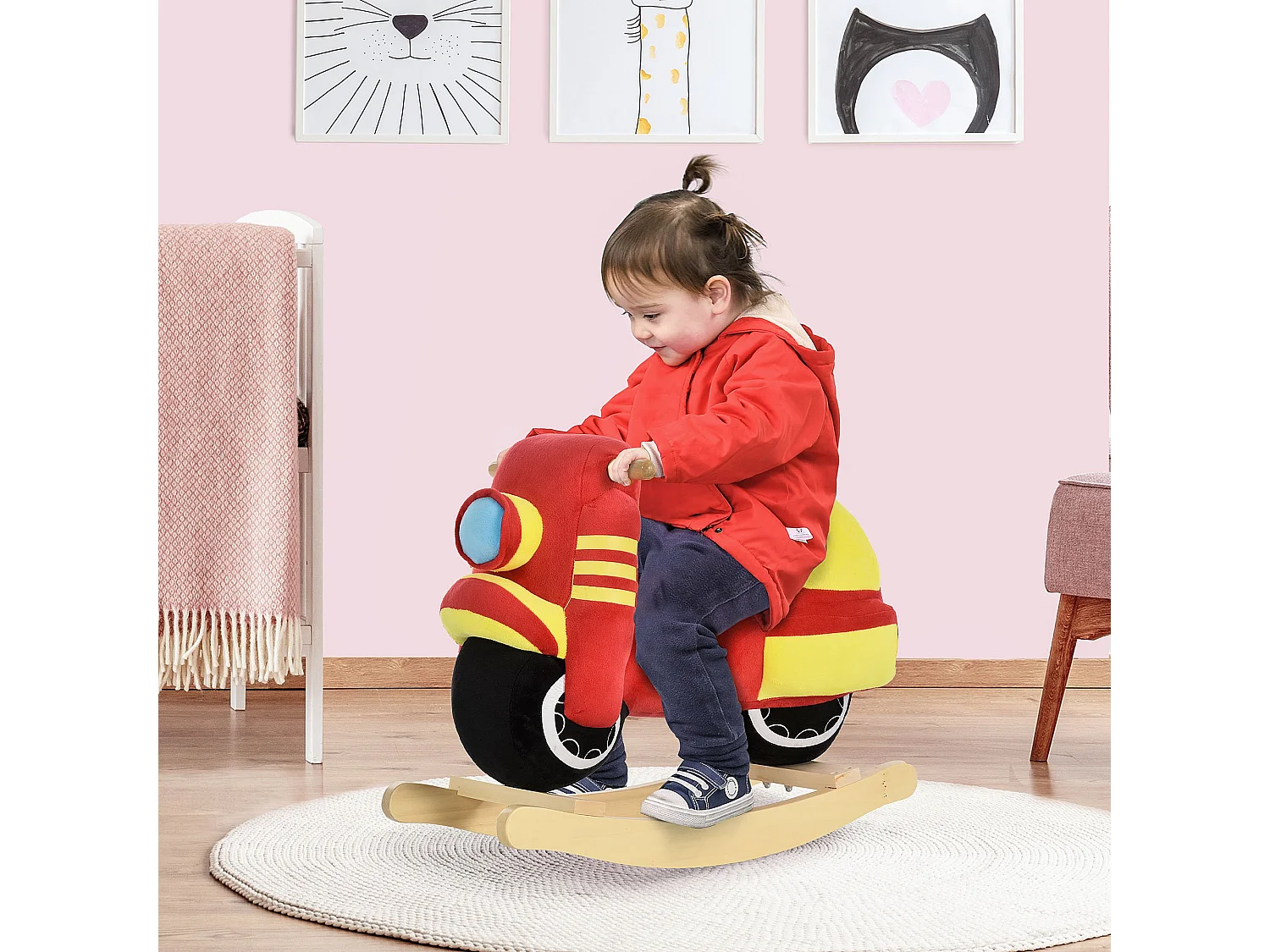 Dondolo per bambini suoni realistici in legno e peluche rosso e giallo