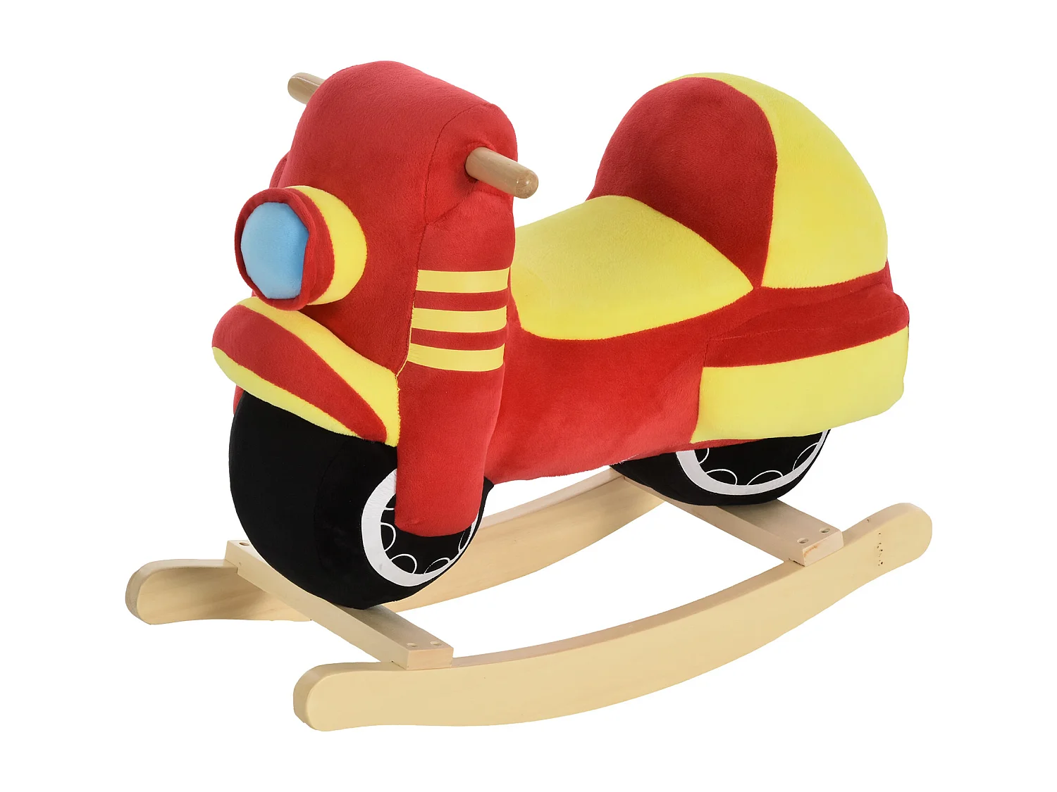 Dondolo per bambini suoni realistici in legno e peluche rosso e giallo