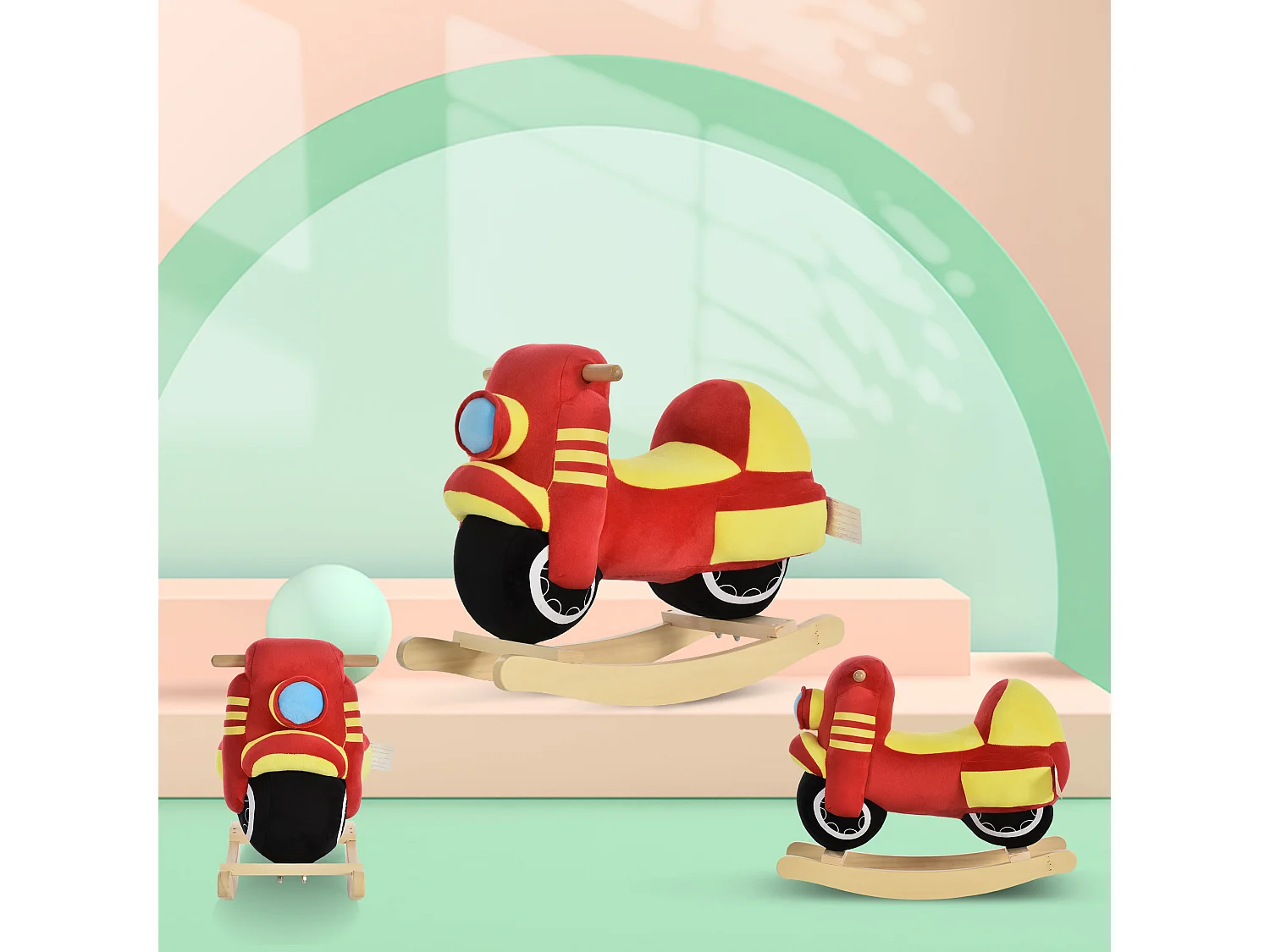 Dondolo per bambini suoni realistici in legno e peluche rosso e giallo