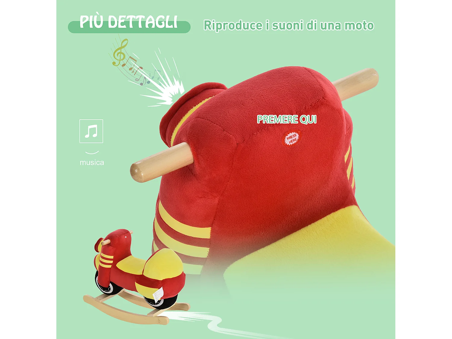 Dondolo per bambini suoni realistici in legno e peluche rosso e giallo