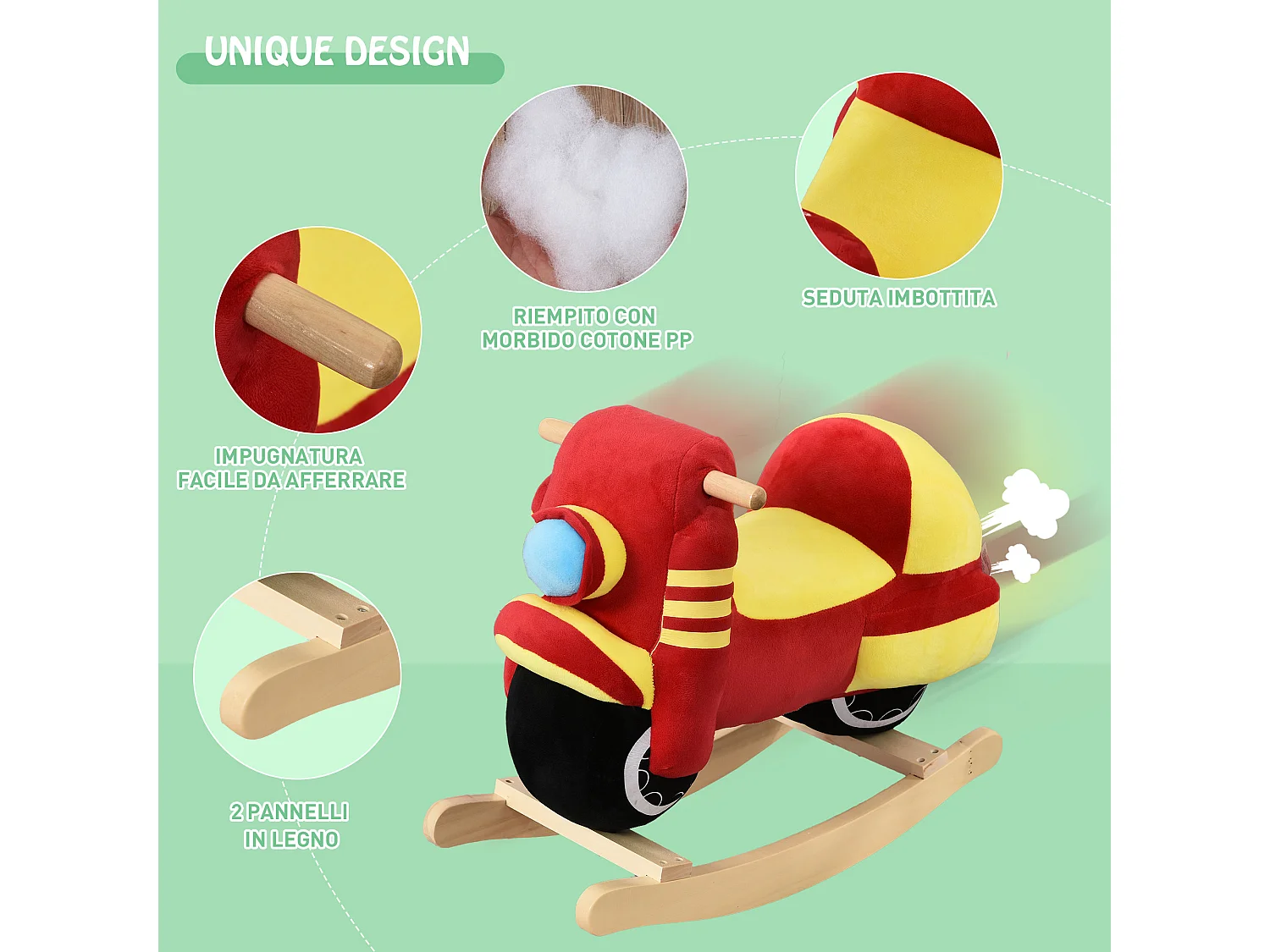 Dondolo per bambini suoni realistici in legno e peluche rosso e giallo
