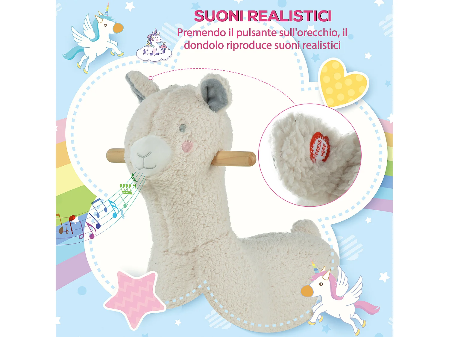 Cavallo a dondolo forma di alpaca per bambini in peluche bianco