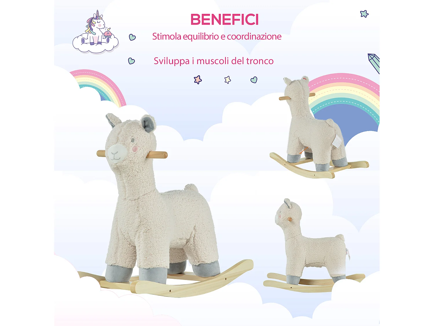Cavallo a dondolo forma di alpaca per bambini in peluche bianco