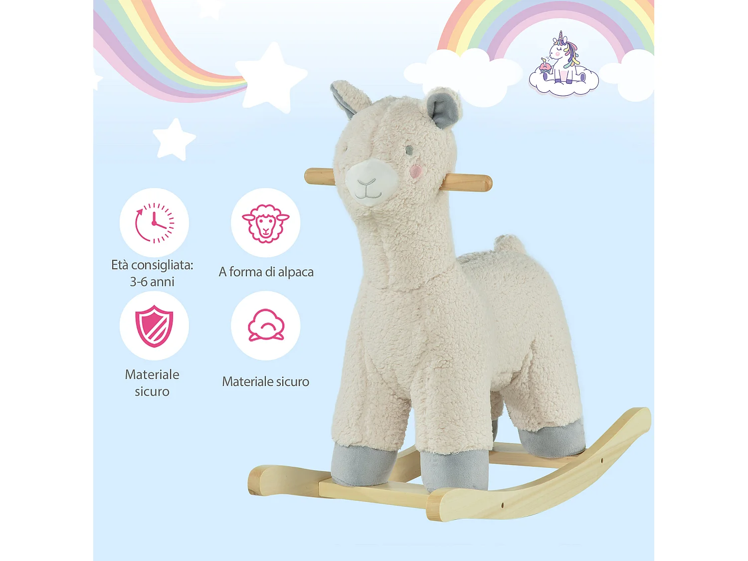 Cavallo a dondolo forma di alpaca per bambini in peluche bianco