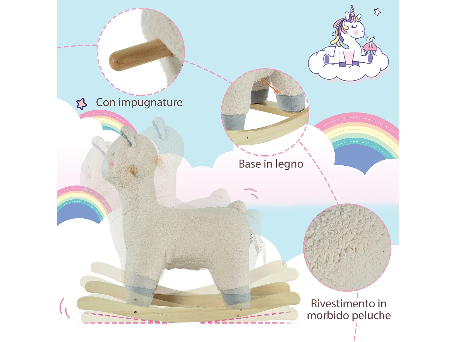 Cavallo a dondolo forma di alpaca per bambini in peluche bianco