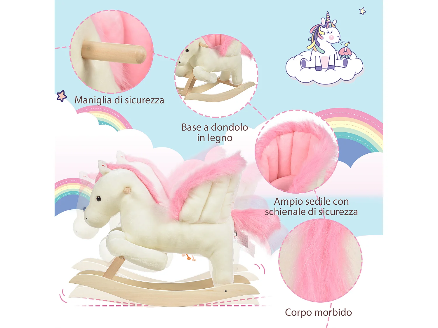 Cavallo a dondolo per bambini con suoni in legno di pioppo rosa bianco
