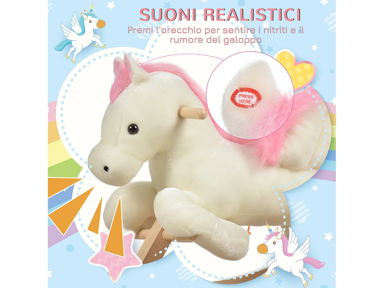 Cavallo a dondolo per bambini con suoni in legno di pioppo rosa bianco