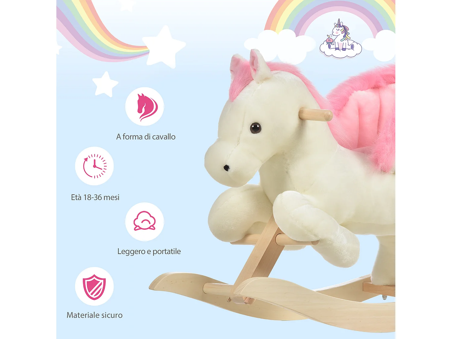 Cavallo a dondolo per bambini con suoni in legno di pioppo rosa bianco