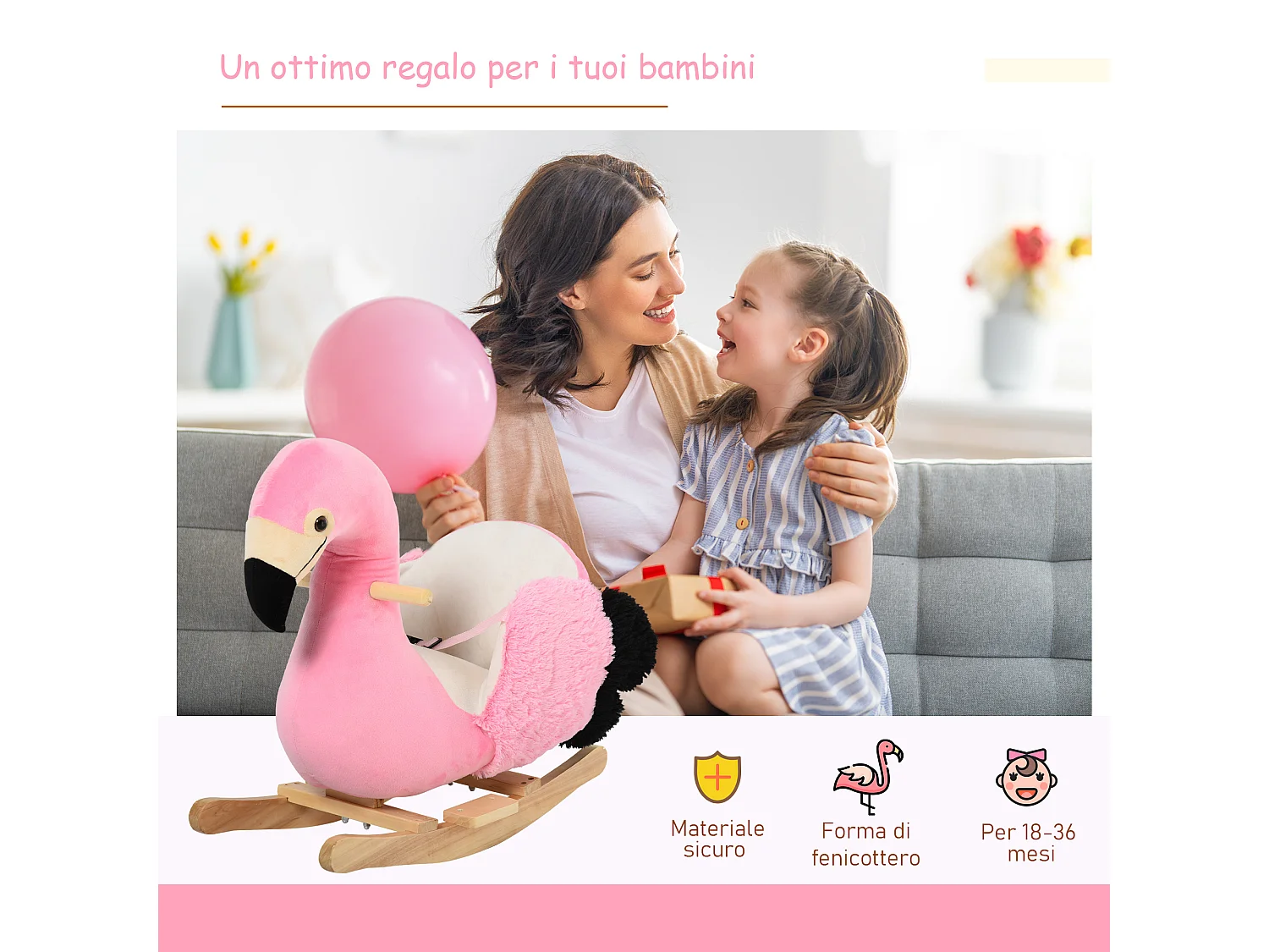 Fenicottero rosa a dondolo per bambini dai 18 mesi in legno rosa
