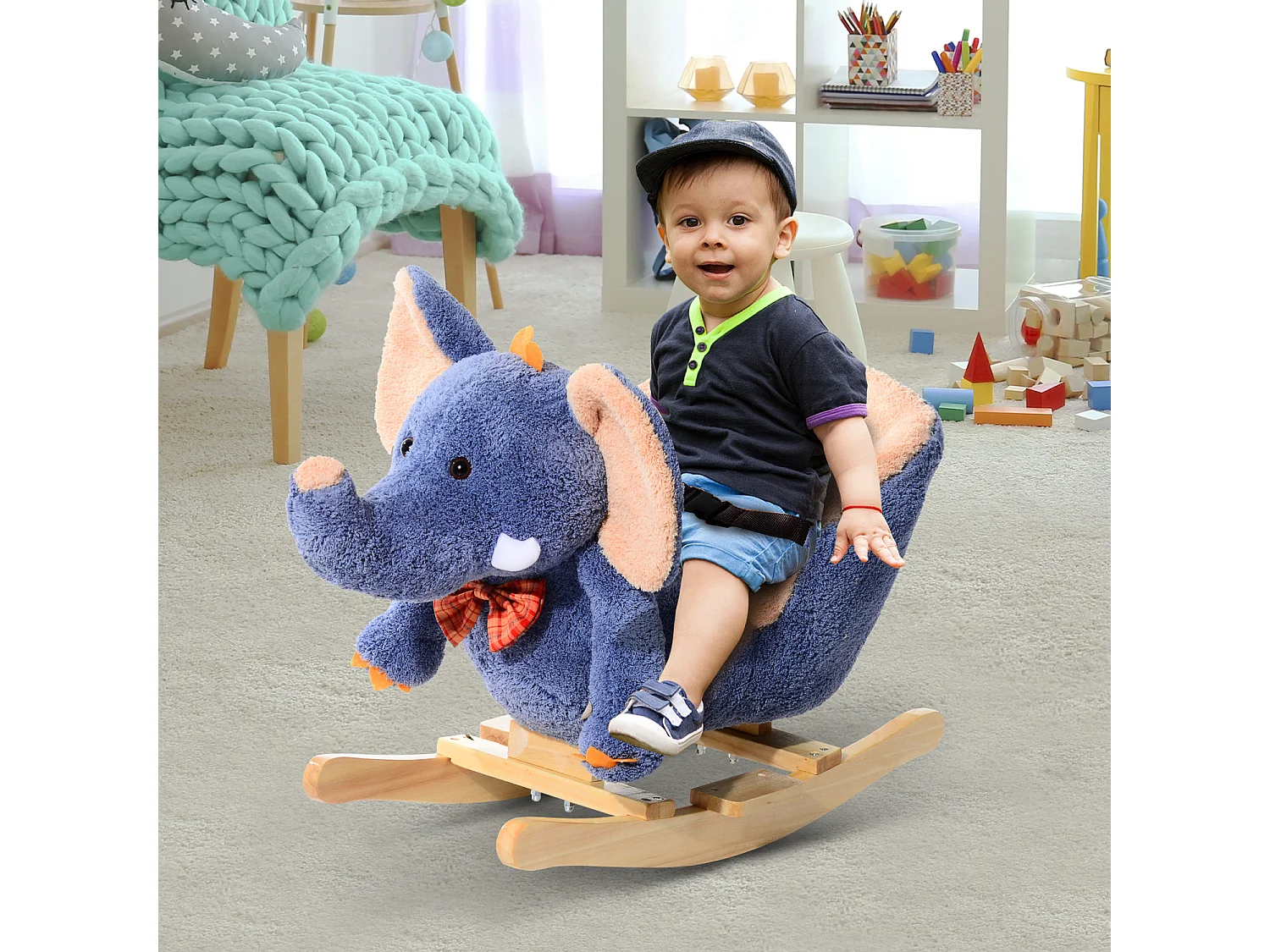 Cavallo a dondolo elefante per i bambini in legno blu
