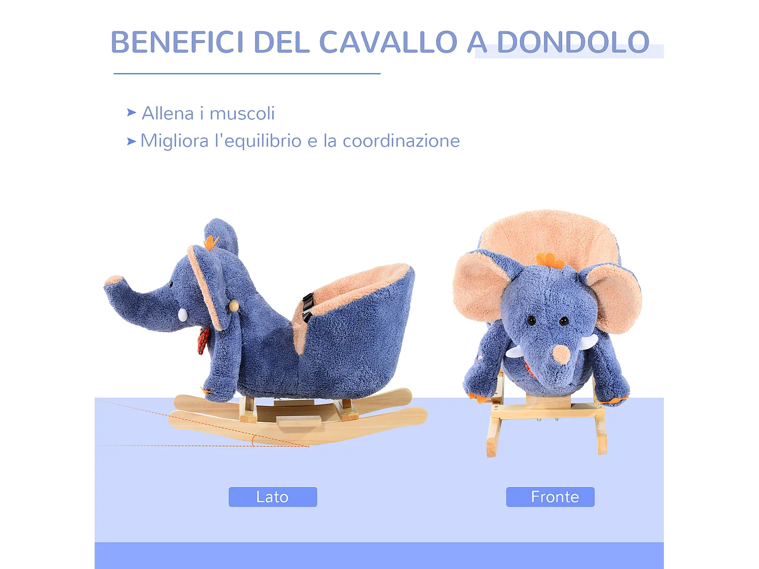 Cavallo a dondolo elefante per i bambini in legno blu