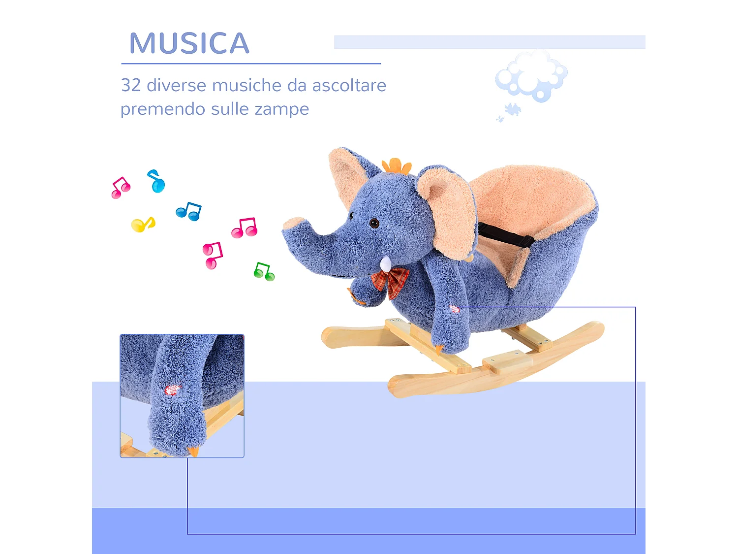 Cavallo a dondolo elefante per i bambini in legno blu