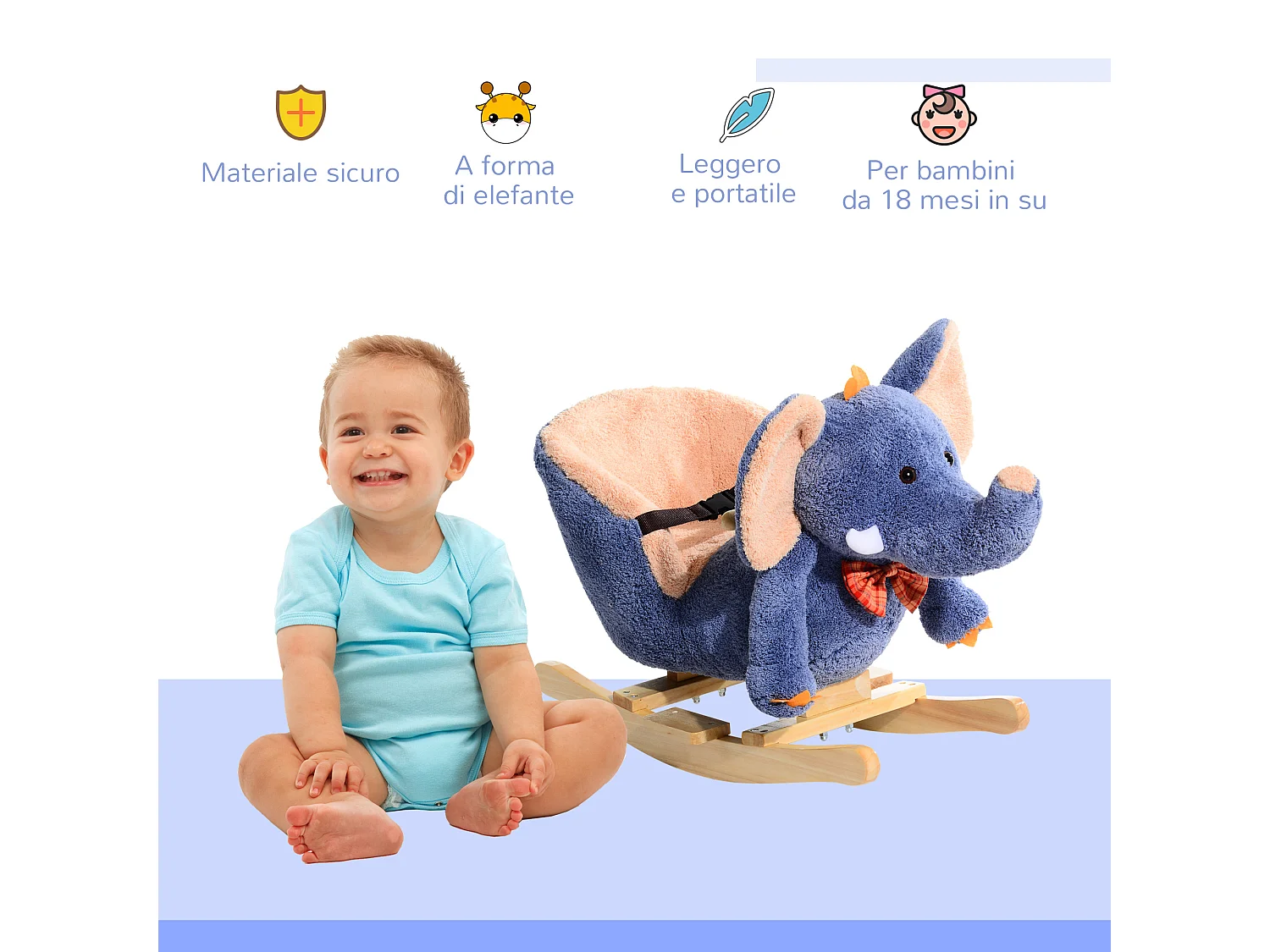Cavallo a dondolo elefante per i bambini in legno blu