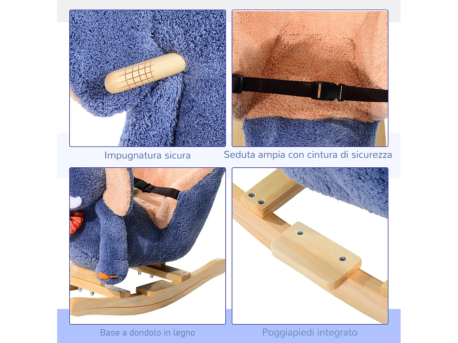 Cavallo a dondolo elefante per i bambini in legno blu