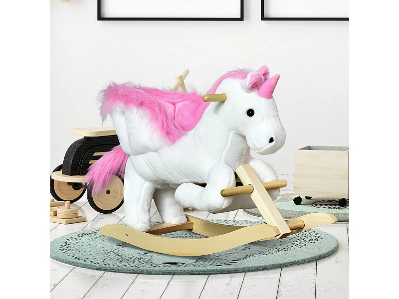 Unicorno a dondolo con musica e rivestimento peluche 65x32x55cm