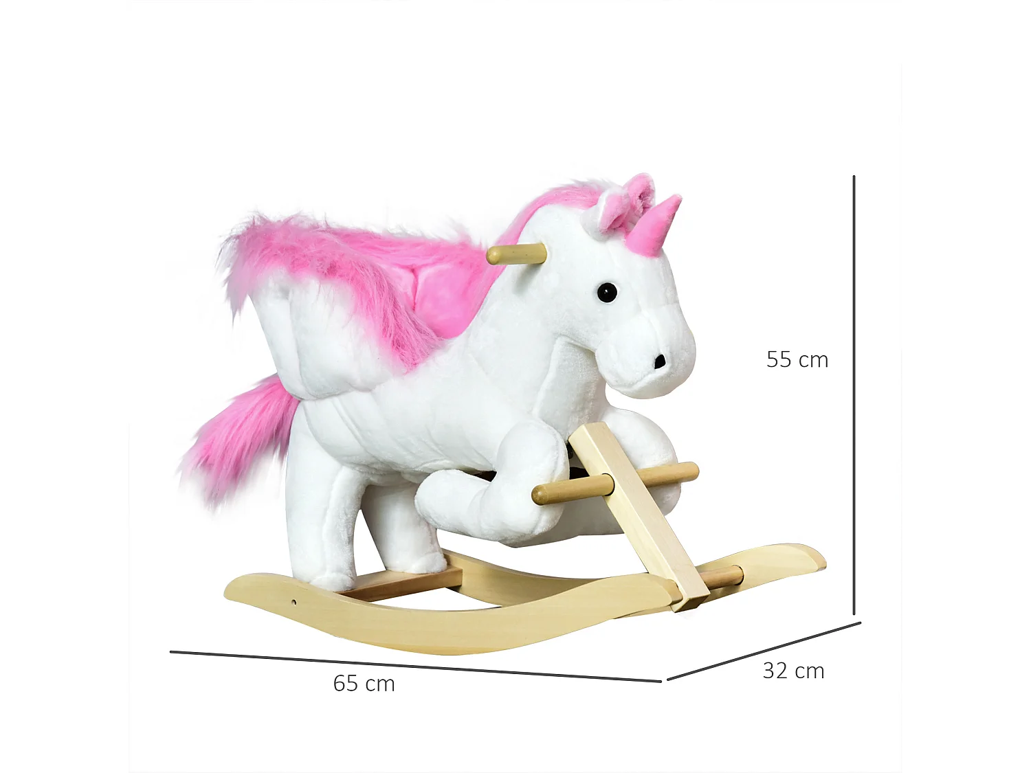 Unicorno a dondolo con musica e rivestimento peluche 65x32x55cm