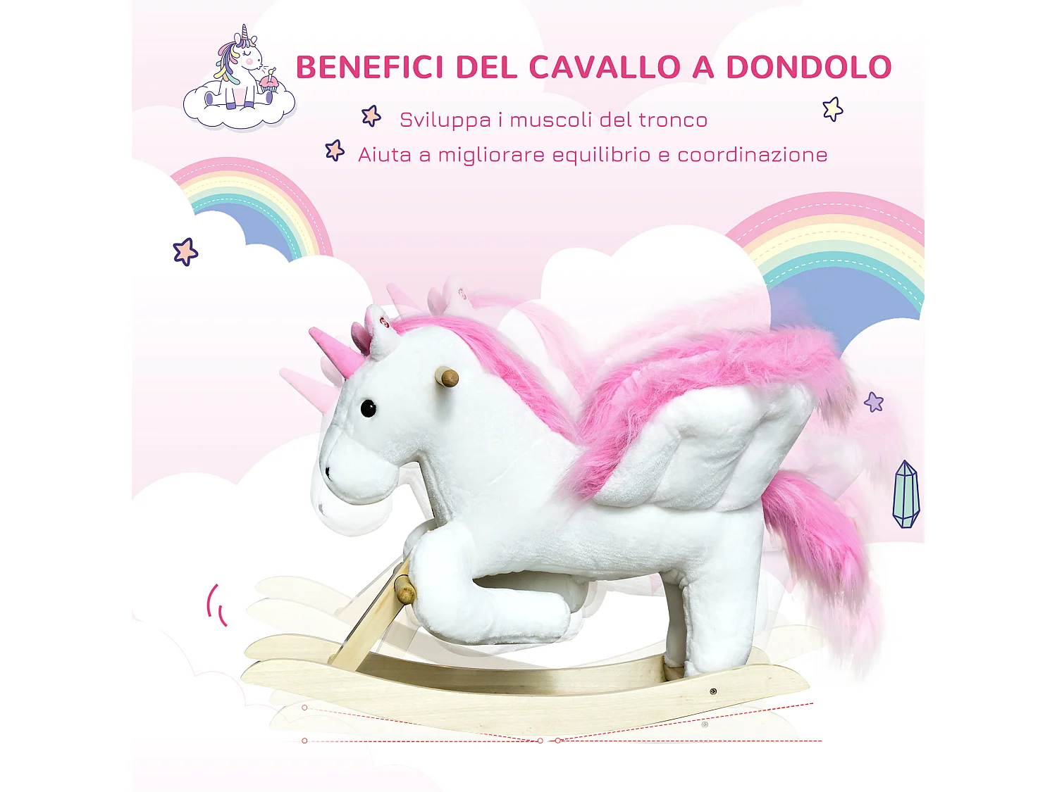Unicorno a dondolo con musica e rivestimento peluche 65x32x55cm