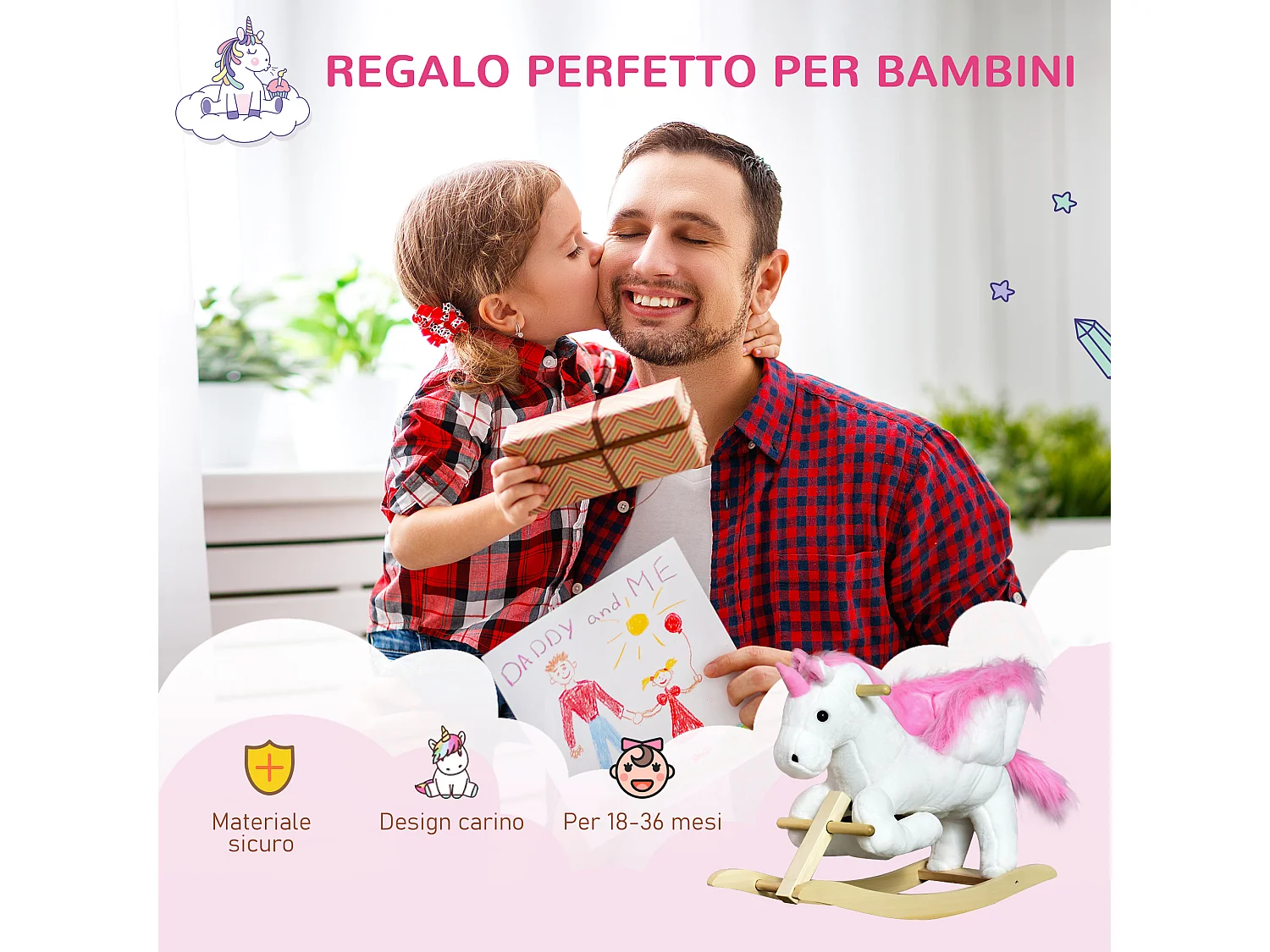 Unicorno a dondolo con musica e rivestimento peluche 65x32x55cm