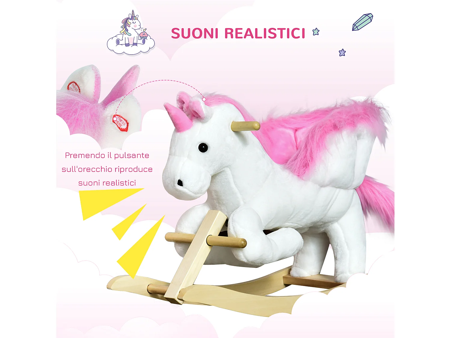 Unicorno a dondolo con musica e rivestimento peluche 65x32x55cm