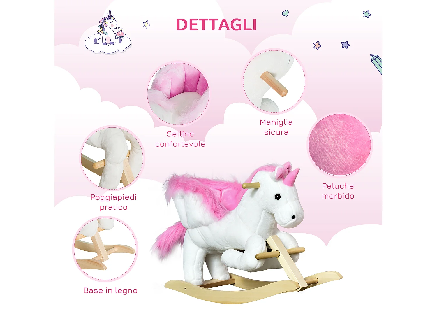 Unicorno a dondolo con musica e rivestimento peluche 65x32x55cm