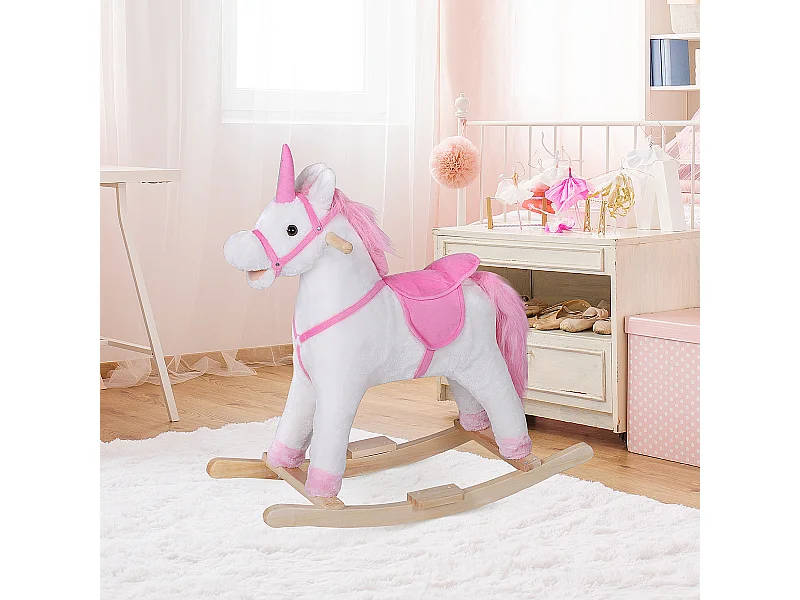 Cavallo a dondolo unicorno cavalcabile bambini in legno peluche rosa