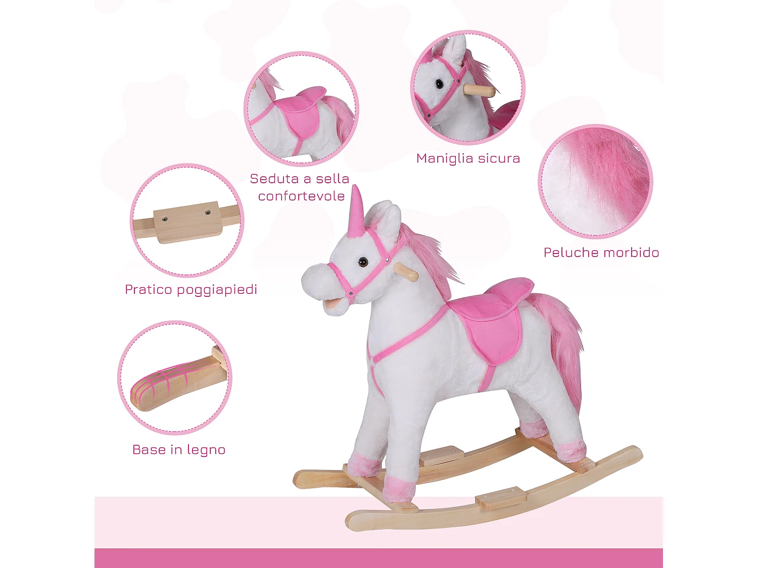 Cavallo a dondolo unicorno cavalcabile bambini in legno peluche rosa