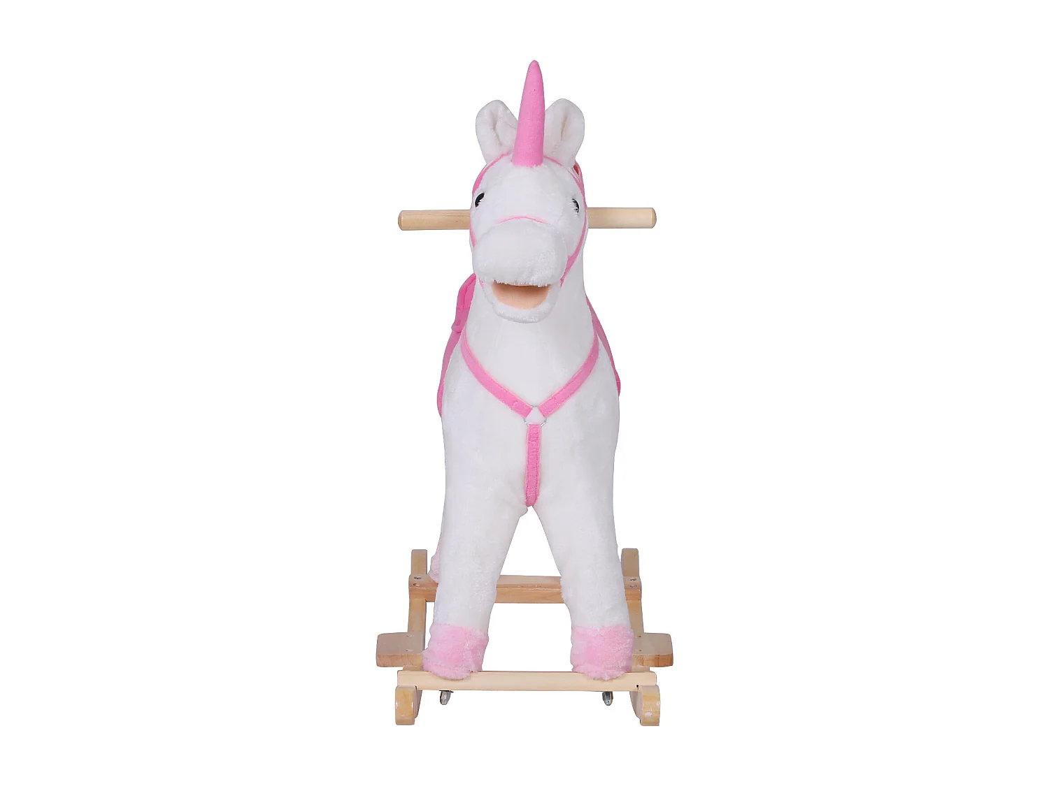 Cavallo a dondolo unicorno cavalcabile bambini in legno peluche rosa