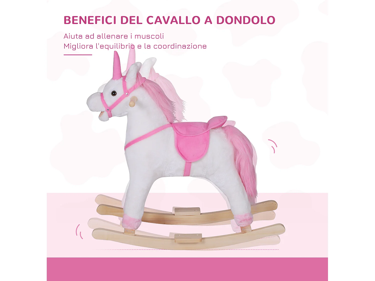 Cavallo a dondolo unicorno cavalcabile bambini in legno peluche rosa
