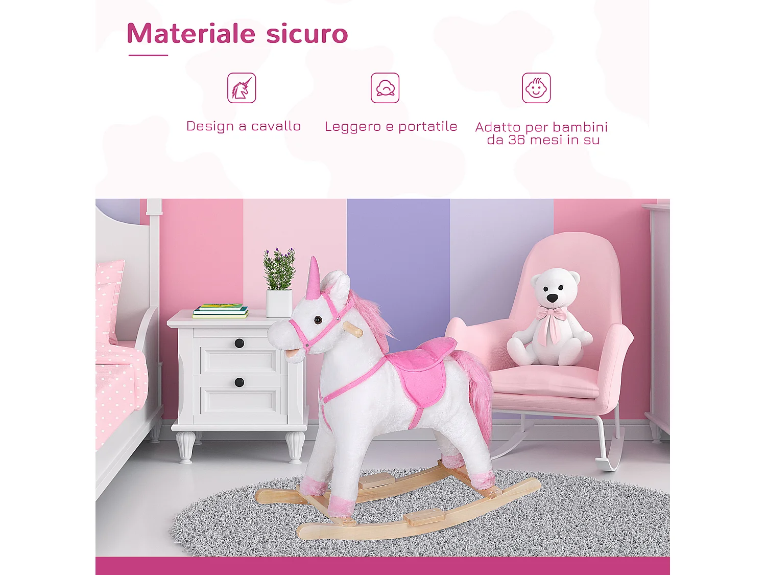 Cavallo a dondolo unicorno cavalcabile bambini in legno peluche rosa