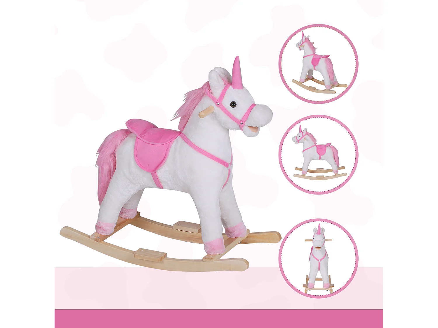 Cavallo a dondolo unicorno cavalcabile bambini in legno peluche rosa