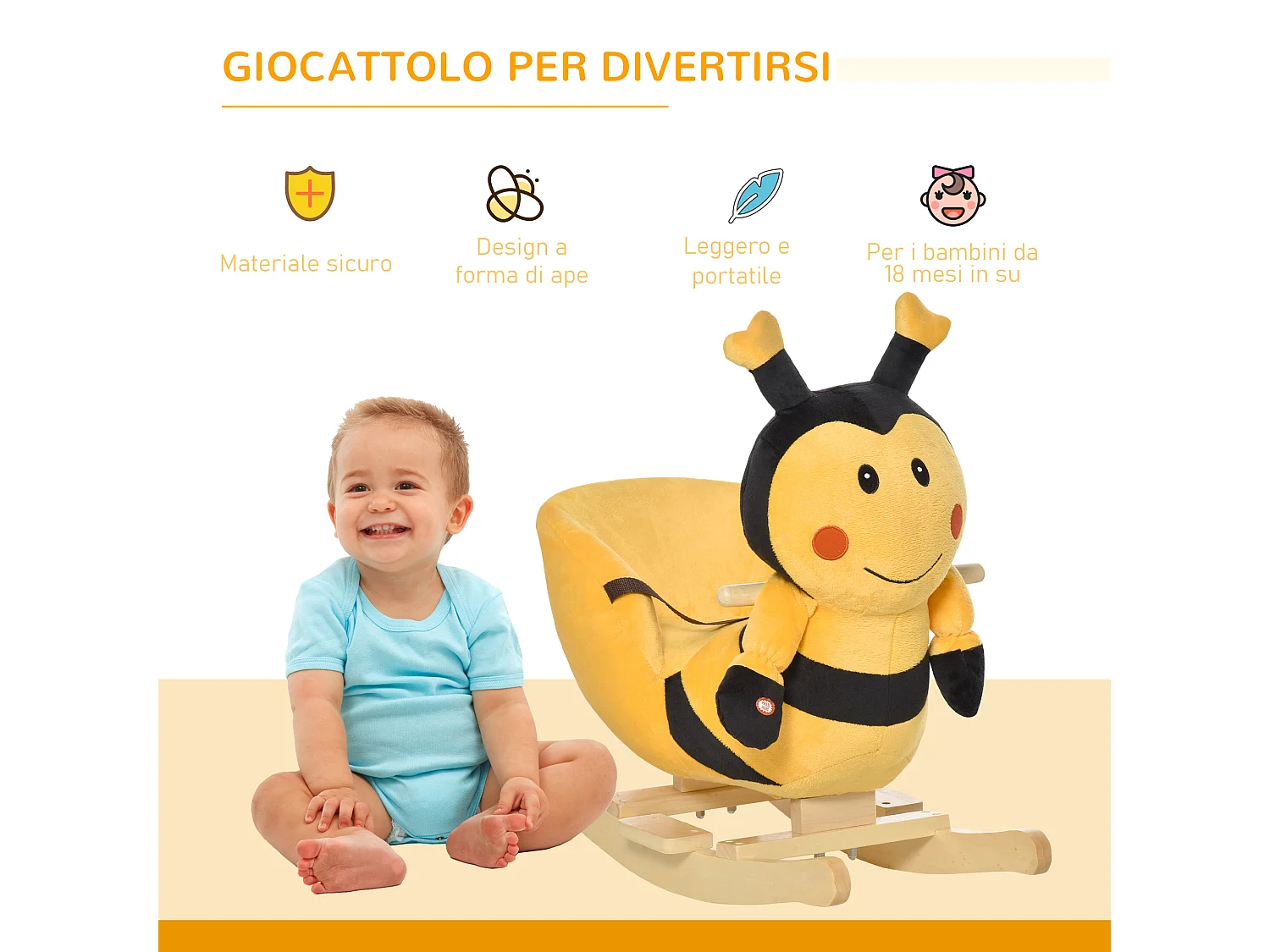 Dondolo per bambini a forma di ape in legno con musiche