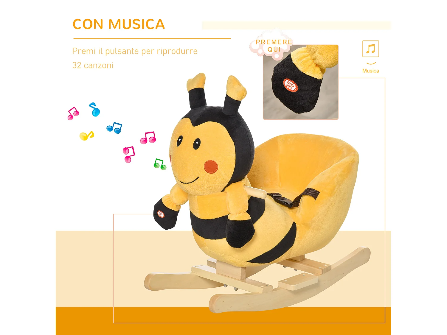 Dondolo per bambini a forma di ape in legno con musiche