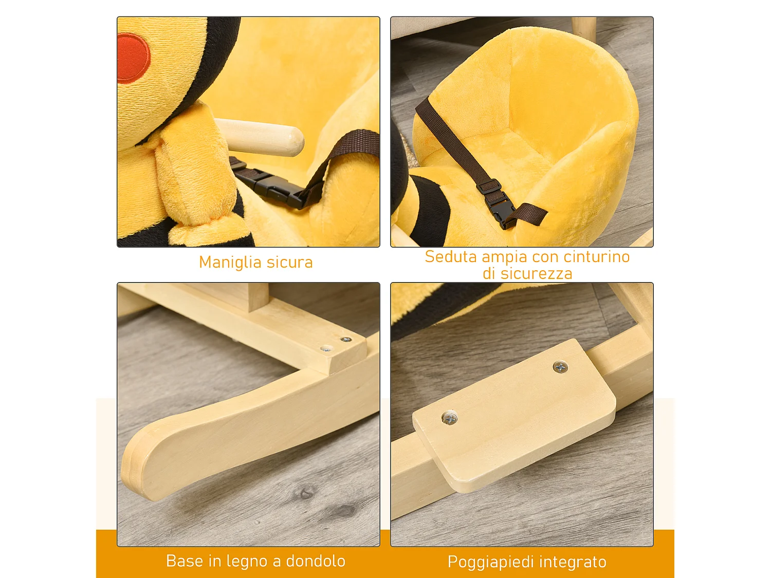 Dondolo per bambini a forma di ape in legno con musiche