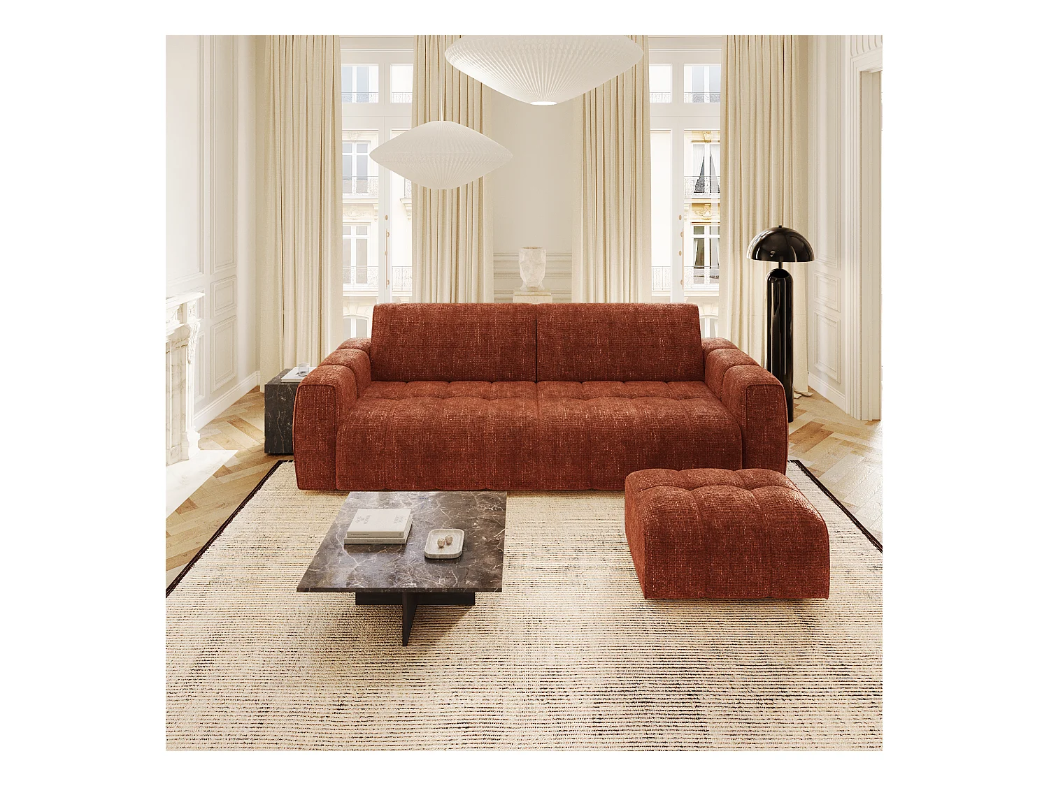 Ensemble canapé 4 places et pouf velours chenillé terracotta BARI