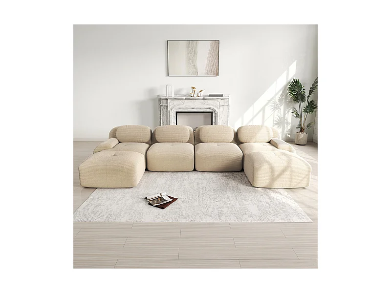 Grand canapé d'angle modulable 388cm - en Velours côtelé - avec 4 oreillers et  2 pouf - ergonomique - Beige