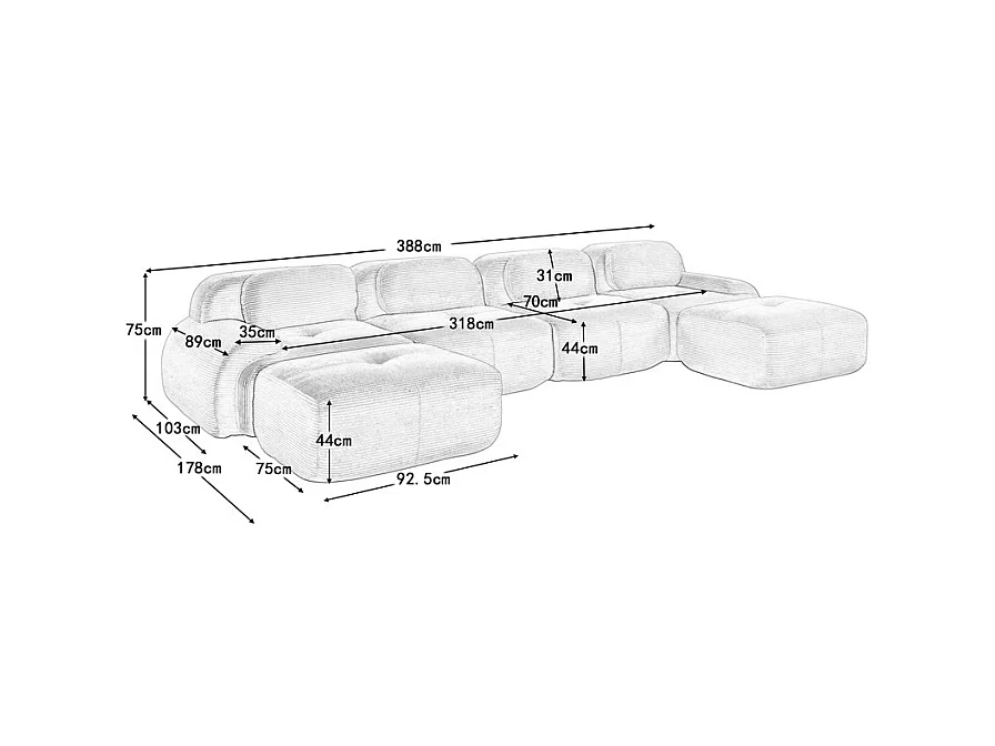 Grand canapé d'angle modulable 388cm - en Velours côtelé - avec 4 oreillers et  2 pouf - ergonomique - Beige