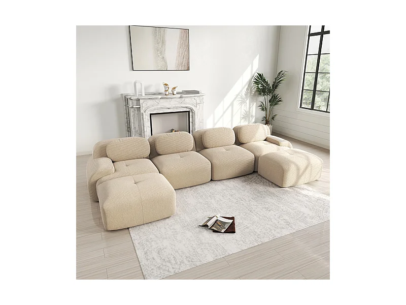 Grand canapé d'angle modulable 388cm - en Velours côtelé - avec 4 oreillers et  2 pouf - ergonomique - Beige