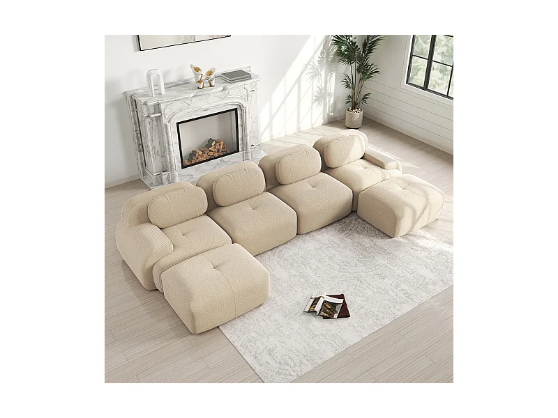 Grand canapé d'angle modulable 388cm - en Velours côtelé - avec 4 oreillers et  2 pouf - ergonomique - Beige