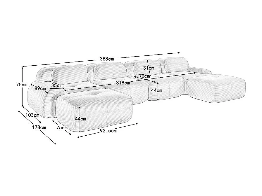 Gran sofá angular modular 388cm - de Pana - con 4 cojines y 2 otomanas - ergonómico - Beige